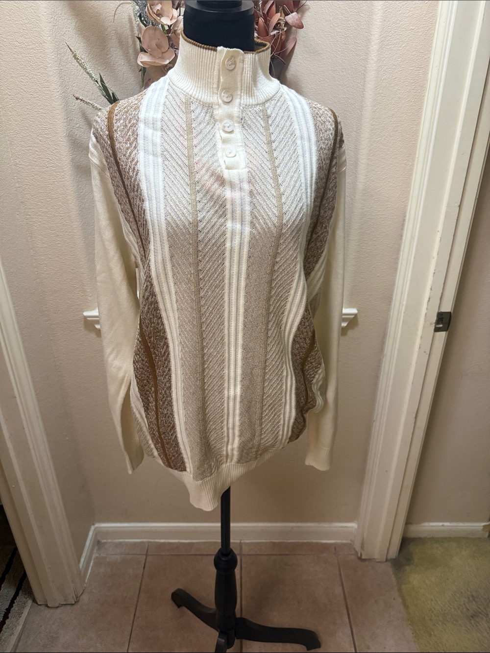 Men's Cream and Brown Stripe Button-Up Mock Neck Sweater